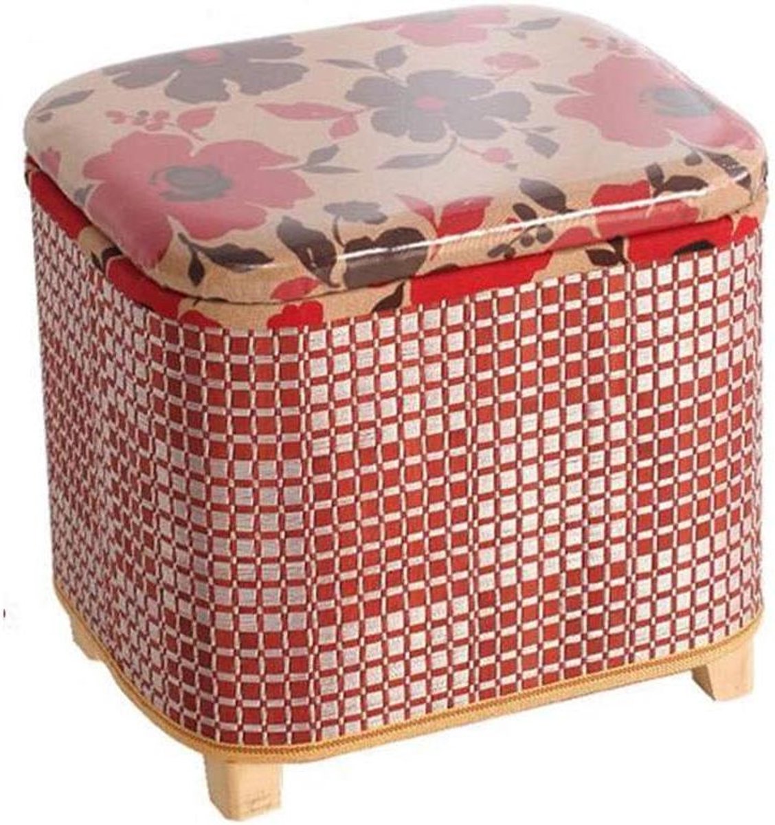 Opbergkruk - Voetenbank kruk - Woonkamer opbergen - Handgebreid bamboe - 100 kg draagvermogen - Rood Wit