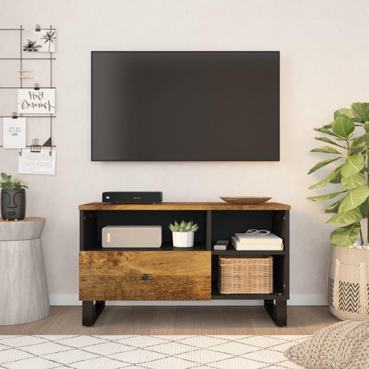 TV-kast Massief Hout - Lowboard Media Unit - Opbergen Woonkamer - Unieke Houtnerf - 80x33x46 cm - Honingbruin