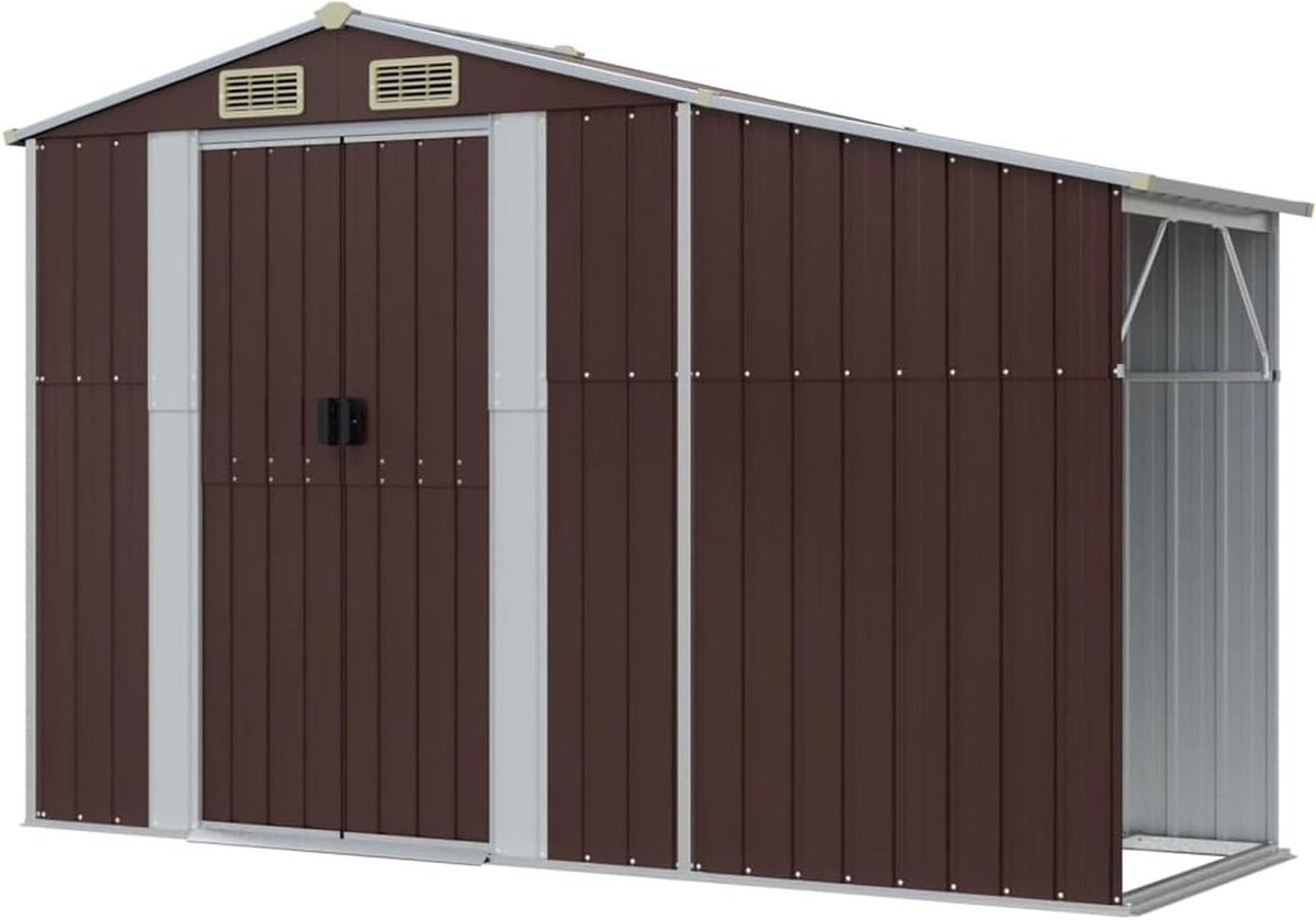 Gereedschapsschuur Staal - Tuinhuis Opbergkast - Tuin Opbergen - Inclusief Brandhoutstandaard - 277 x 93 x 179 cm - Bruin