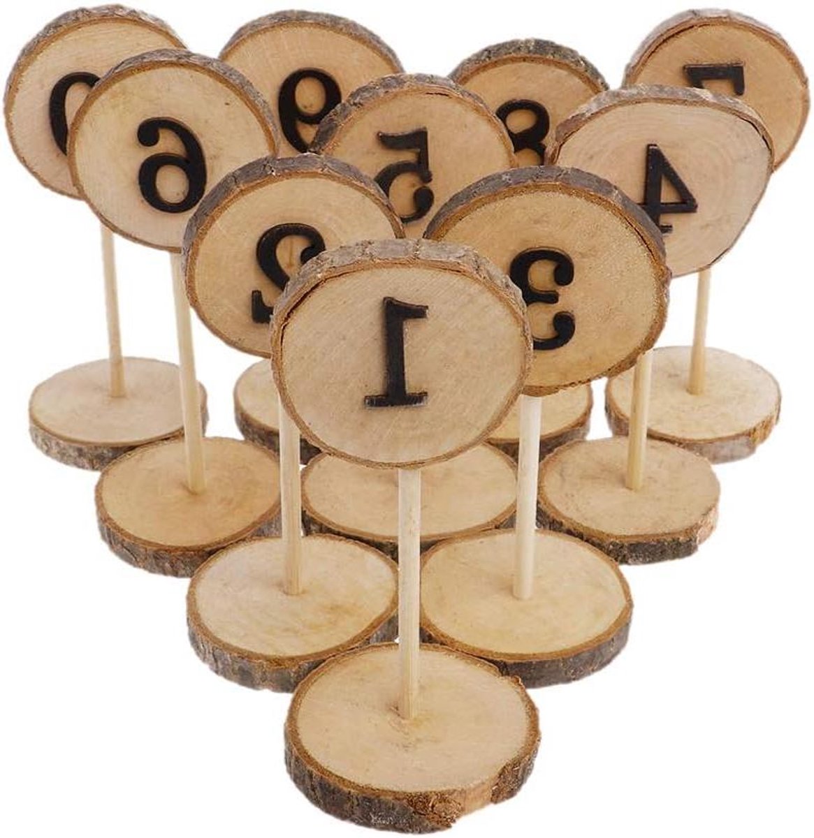 Houten Tafel Nummers - Nummer Stokjes - Feestdecoratie - Ingelegde Cijfers - 10 stuks - Natuurlijk Hout
