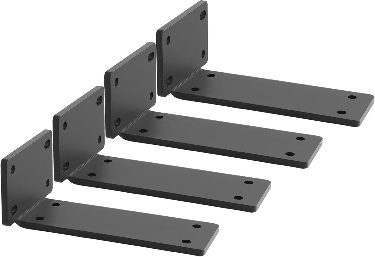 Set van 4 Zwarte Planksteunen, Vloeiende Planksteunen 5 Inch, Stevige Metalen L-Beugels voor Wandplanken en Ondersteuning