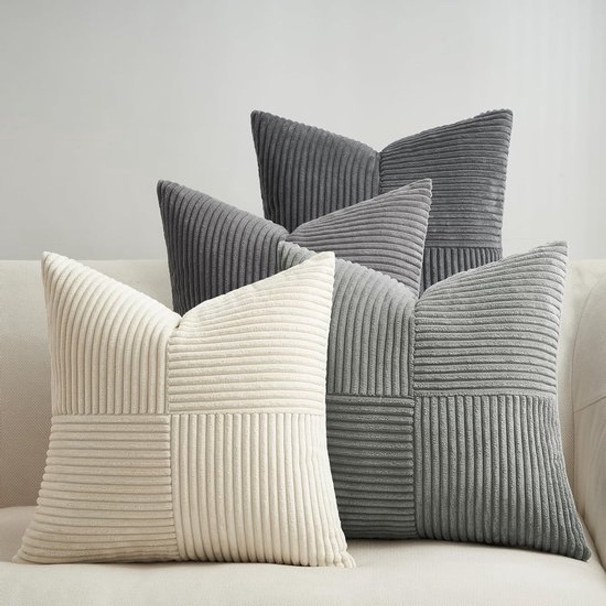 Kussenhoezen 45x45cm in Gradiënt Grijs - 4 Stuks Windmolenvormige Corduroy Kussens voor Bank, Slaapkamer en Woonkamer