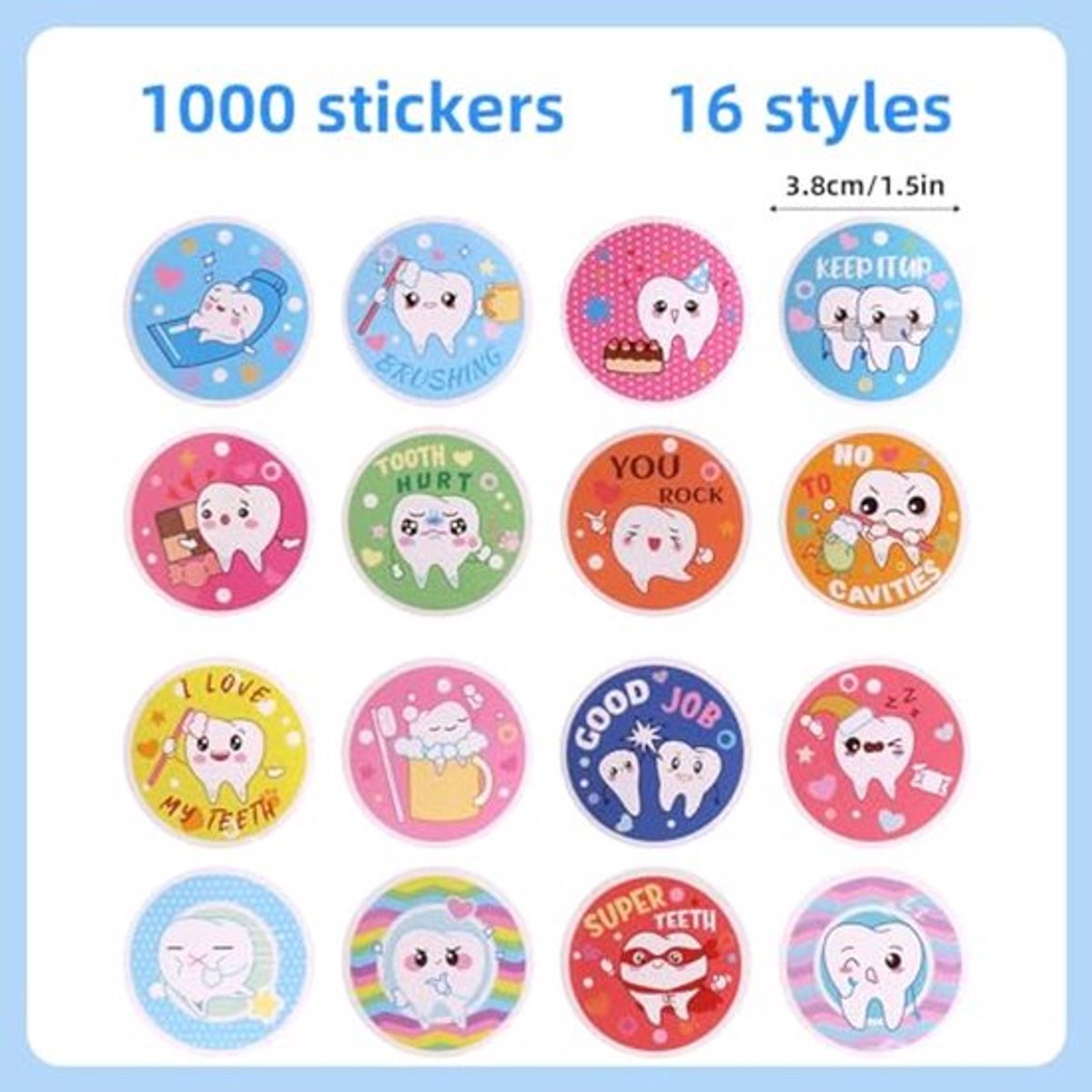 1000 St Tandheelkundige Stickers, 3,8cm Schattige Tandstickers in 16 Stijlen Prijs Tandarts Decoratie voor Mondhygiëne voor School Thuis Leraar Ouders