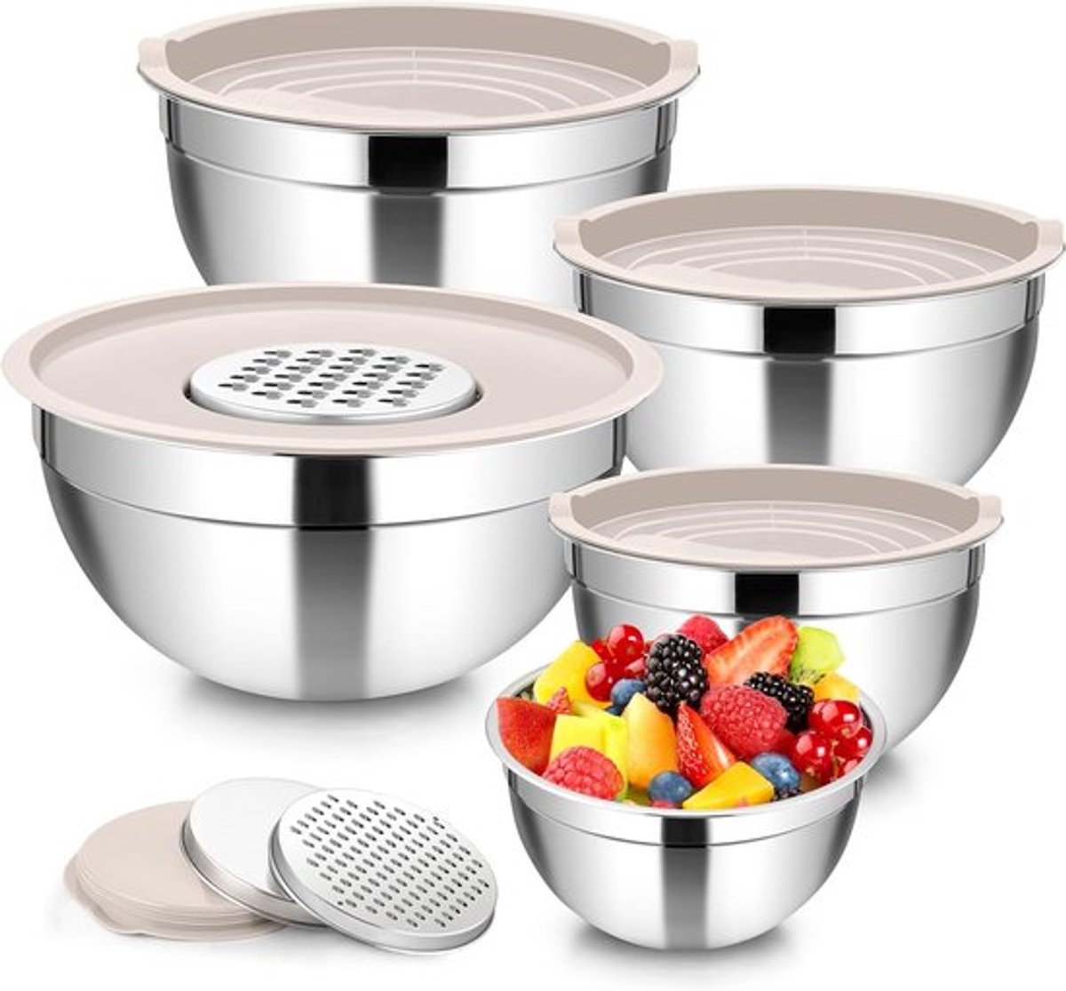 Mixkommen set met raspaccessoires (5-delig) voor salade, pasta en groenten - khaki