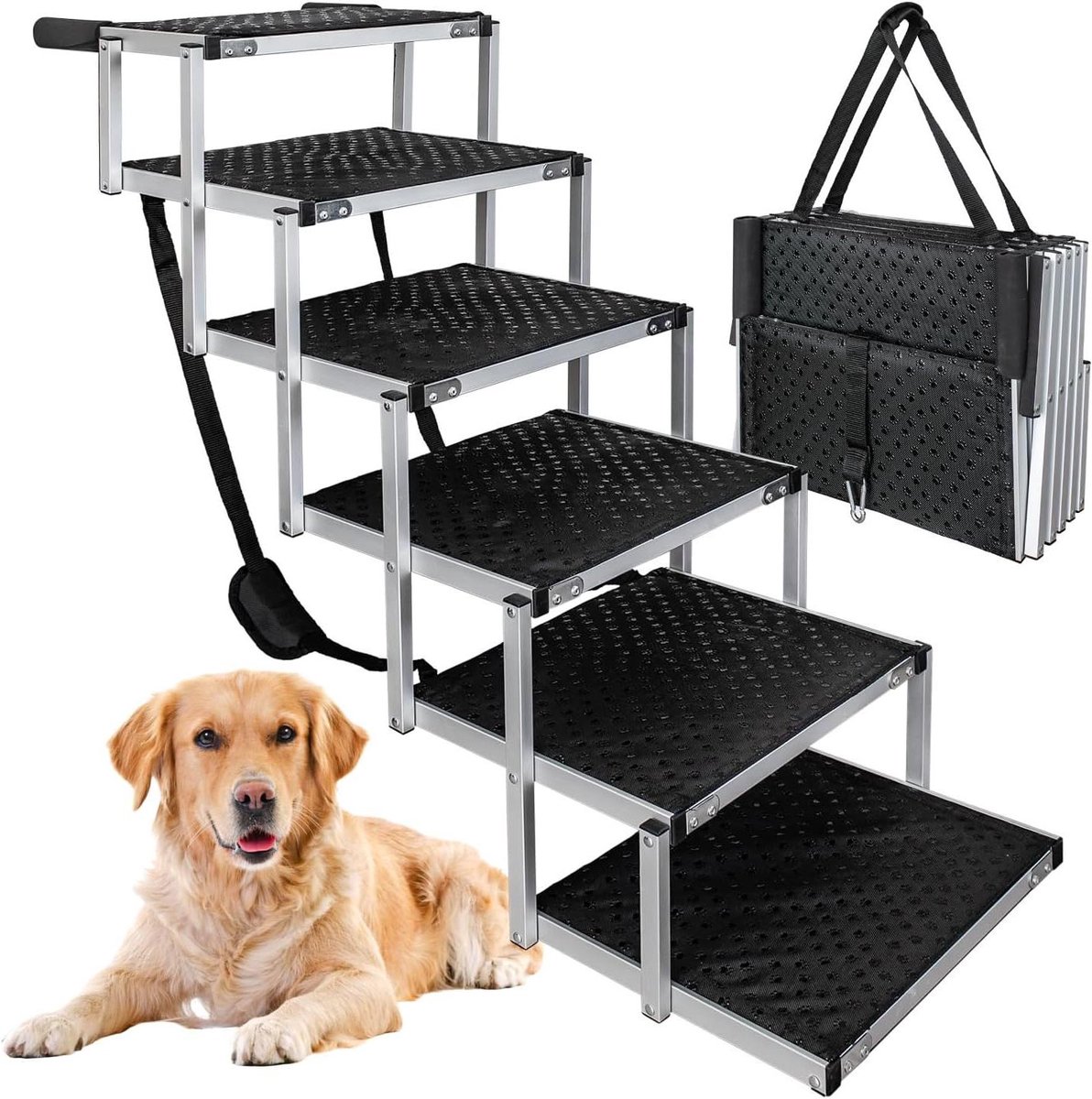 Hondentrap Auto - Hondenladder Opvouwbaar - Veilig Instappen - Lichtgewicht Aluminium - 6 Treden - Zwart