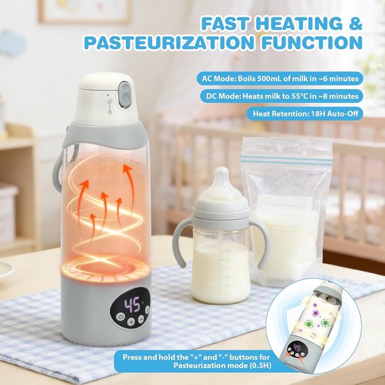 Draagbare Melkwarmer - Flessenwarmer - Babyvoeding Opwarmen - Grote Inhoud - 500 ml - Grijs — afbeelding 2