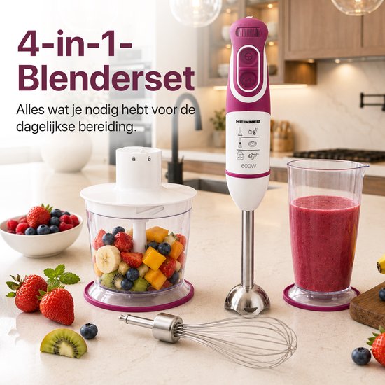 Heinner Staafmixer Set - 600W - 5 Snelheden - Turbo Functie - 700 ml Maatbeker - 500 ml Hakmolen - Garde - RVS Staaf - Wit/Bordeauxrood van Heinner — afbeelding 2