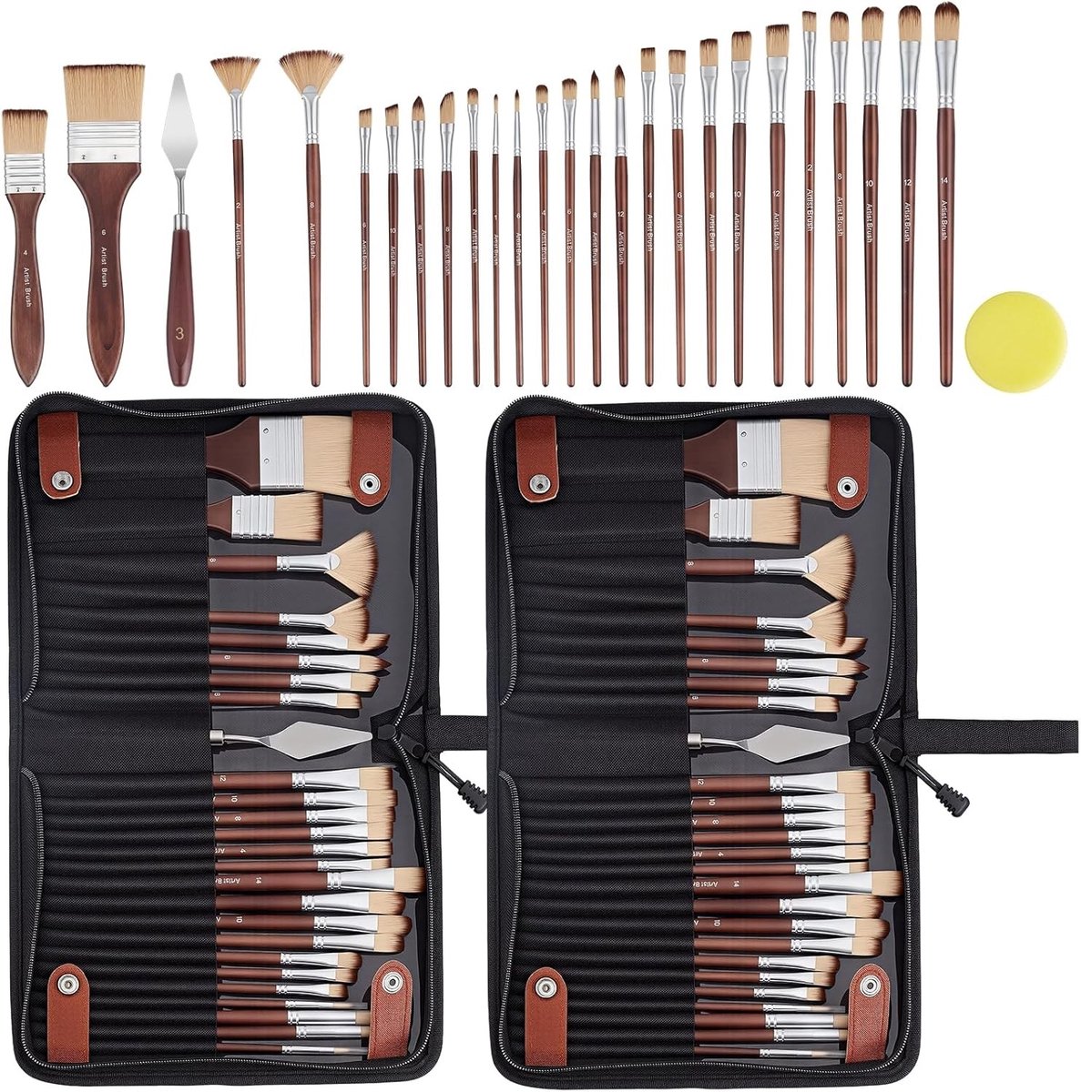 Professionele penselenset met nylon haren en houten handvat, ideaal voor waterverf en acrylverf, inclusief spatels en tas voor kunstenaars, kunstaccessoires