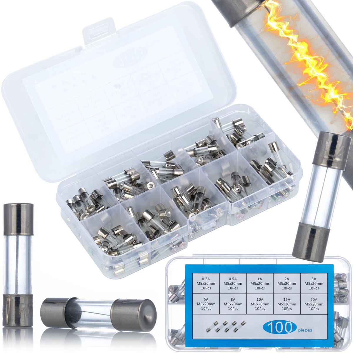 Rosfix Snelzekering Set Glazen 5x20 Mm - Snelle Bescherming - 0,2–20A, 100 Stuks - Voor Elektronica