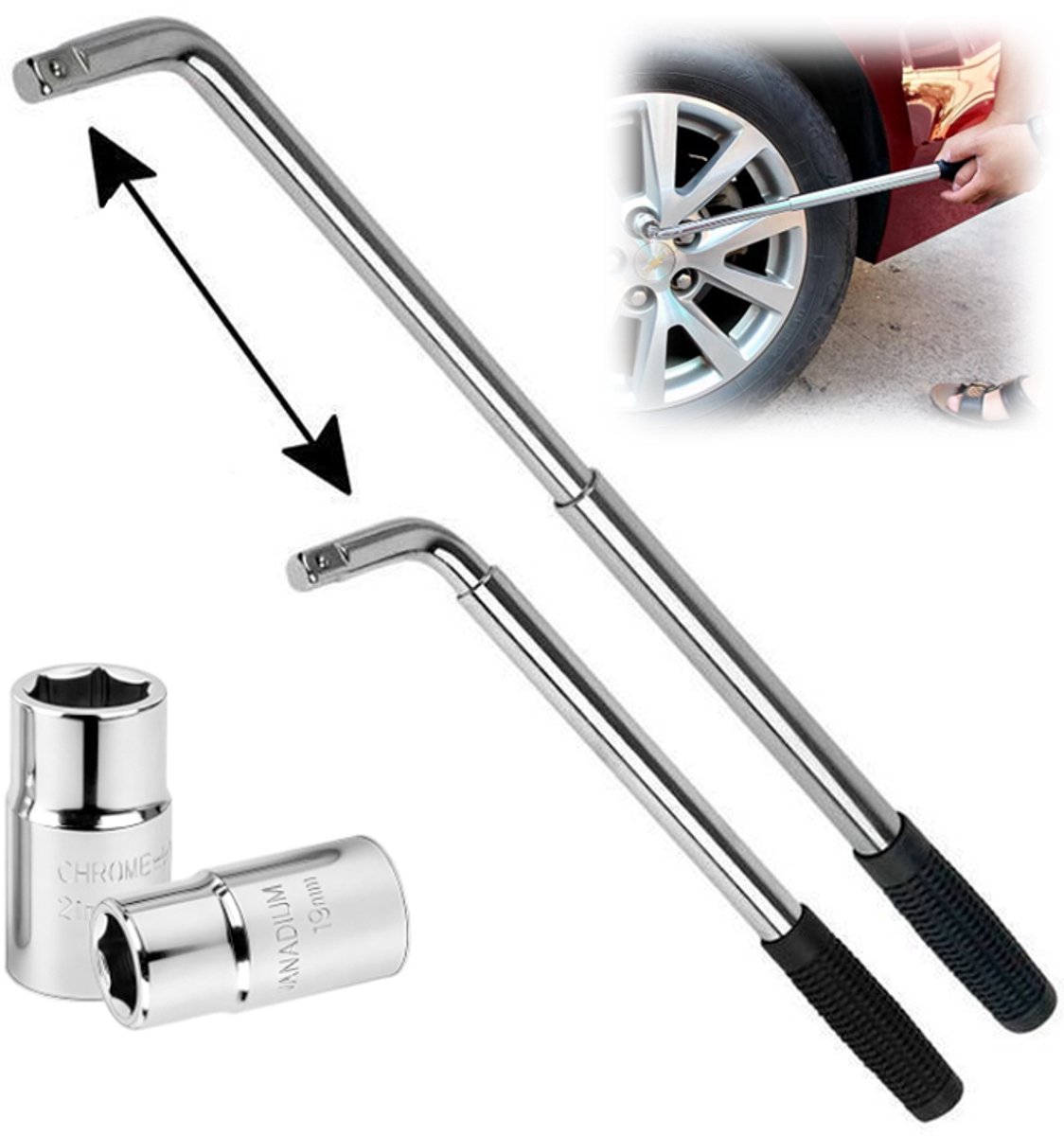 Bobypet - Wielsleutel - Telescopische autowielsleutel - Universeel - Met doppen19 /23mm - Zware uitvoering - Gereedschap voor wielmoeren, reparatie en bandenwissel - Zilver