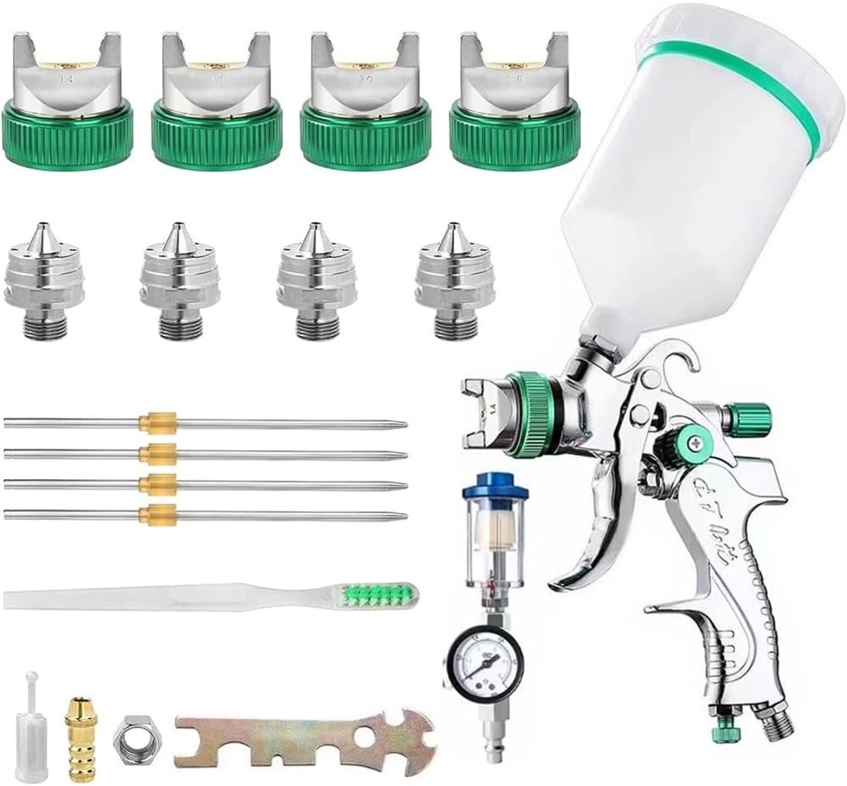 Professionele HVLP Verfspuit met 1.4/1.7/2.0/2.5mm Doppen, 600ml Capaciteit en Drukmeter voor Muren, Auto's en DIY Projecten