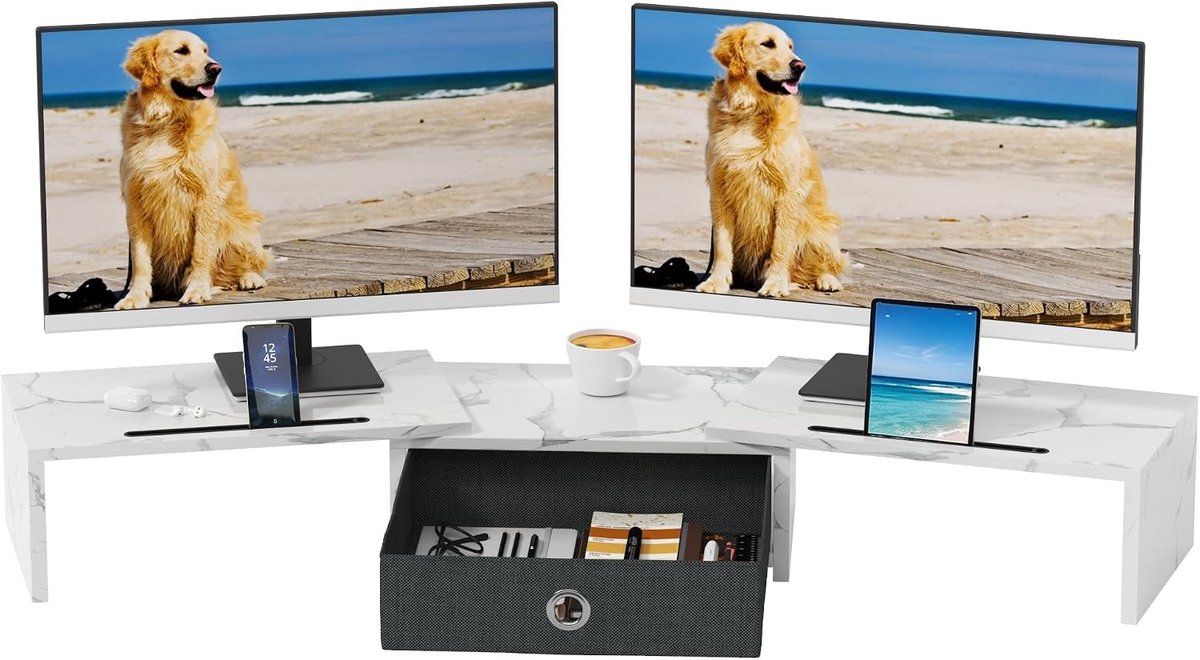 Dubbele Monitor Standaard - Wit - 68-99 x 23,6 x 15,5 cm - Verstelbare Monitorverhoger met Lade - Voor Thuis en Kantoor