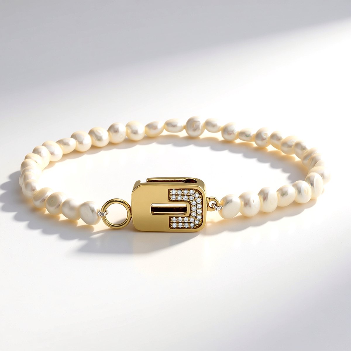 Cavill - Elegante Armband - 925 Sterling Zilver Verguld - Witte Zoetwaterparels & 0,12 Ct Pavé Diamanten SI1 G - Luxe Dames Sieraad