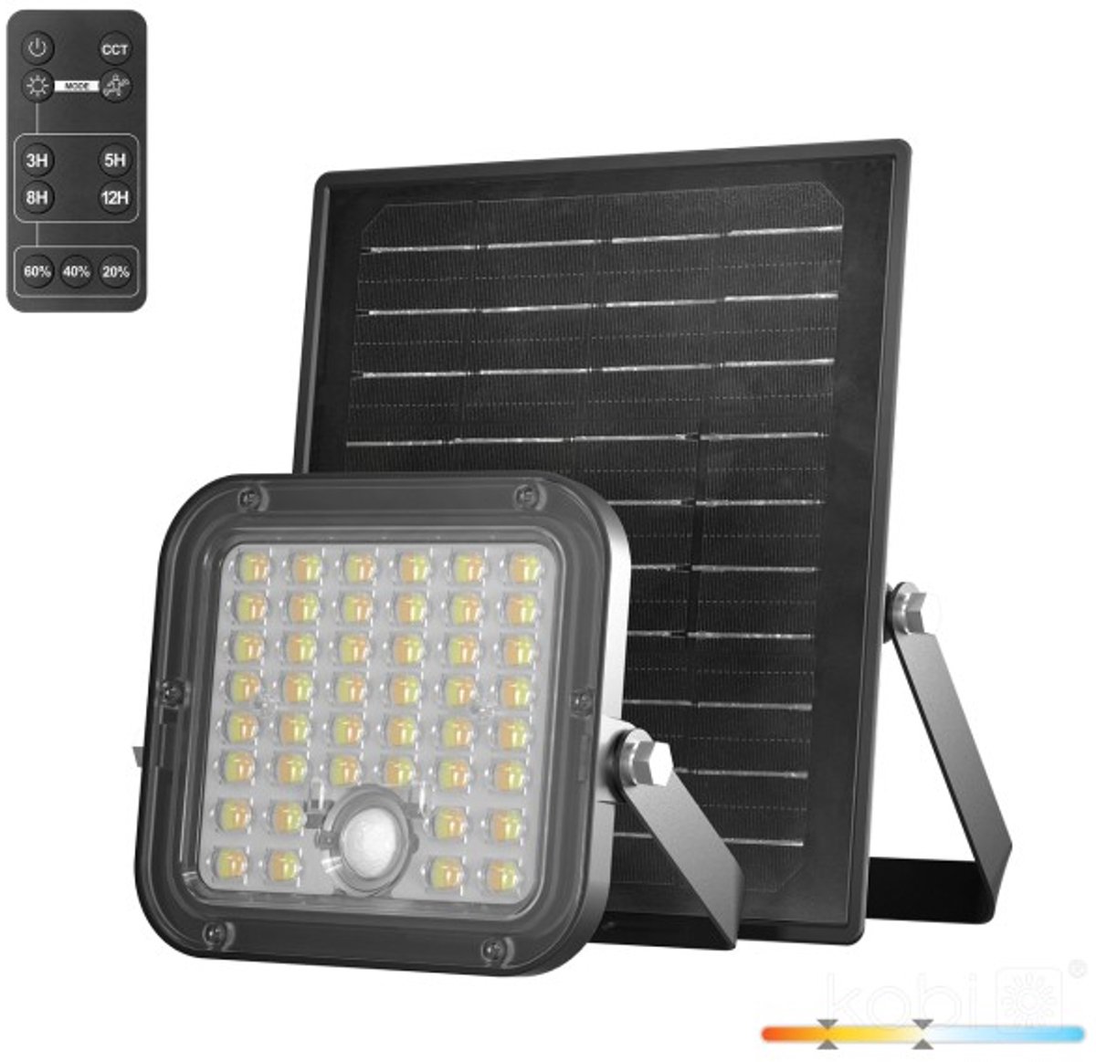 Kobi Solar LED Floodlight MHCS 10W 2CCT IP65 - schijnwerper op zonne-energie met bewegingssensor en afstandsbediening Buitenlamp | Geen fitting | Warm Wit - Koel Wit | 10 watt | 35.000 Branduren