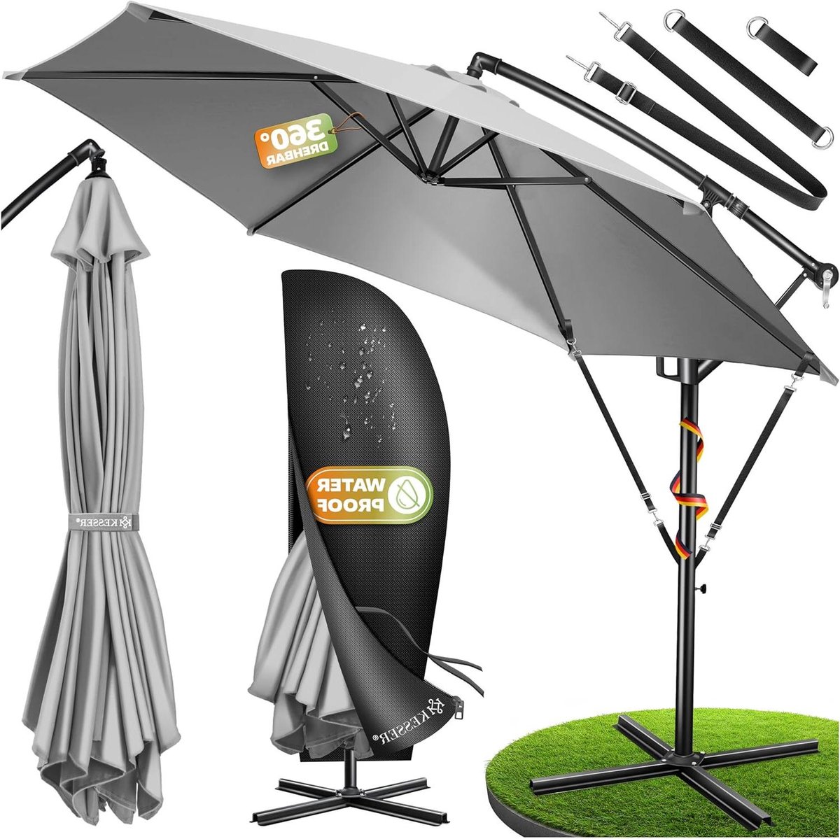 Zweefparasol Aluminium - Tuinparasol Marktparasol - Terras Beschutting - Verstelbare Kantelhoek - 350cm - Lichtgrijs