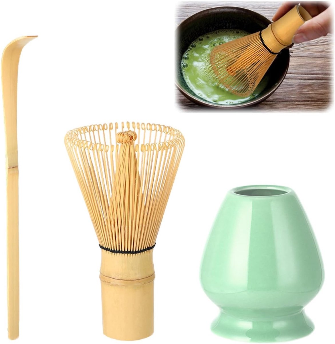 Matcha set - Groen - Bamboe - 3-delige set met 80-tands garde - Voor het bereiden van groene thee