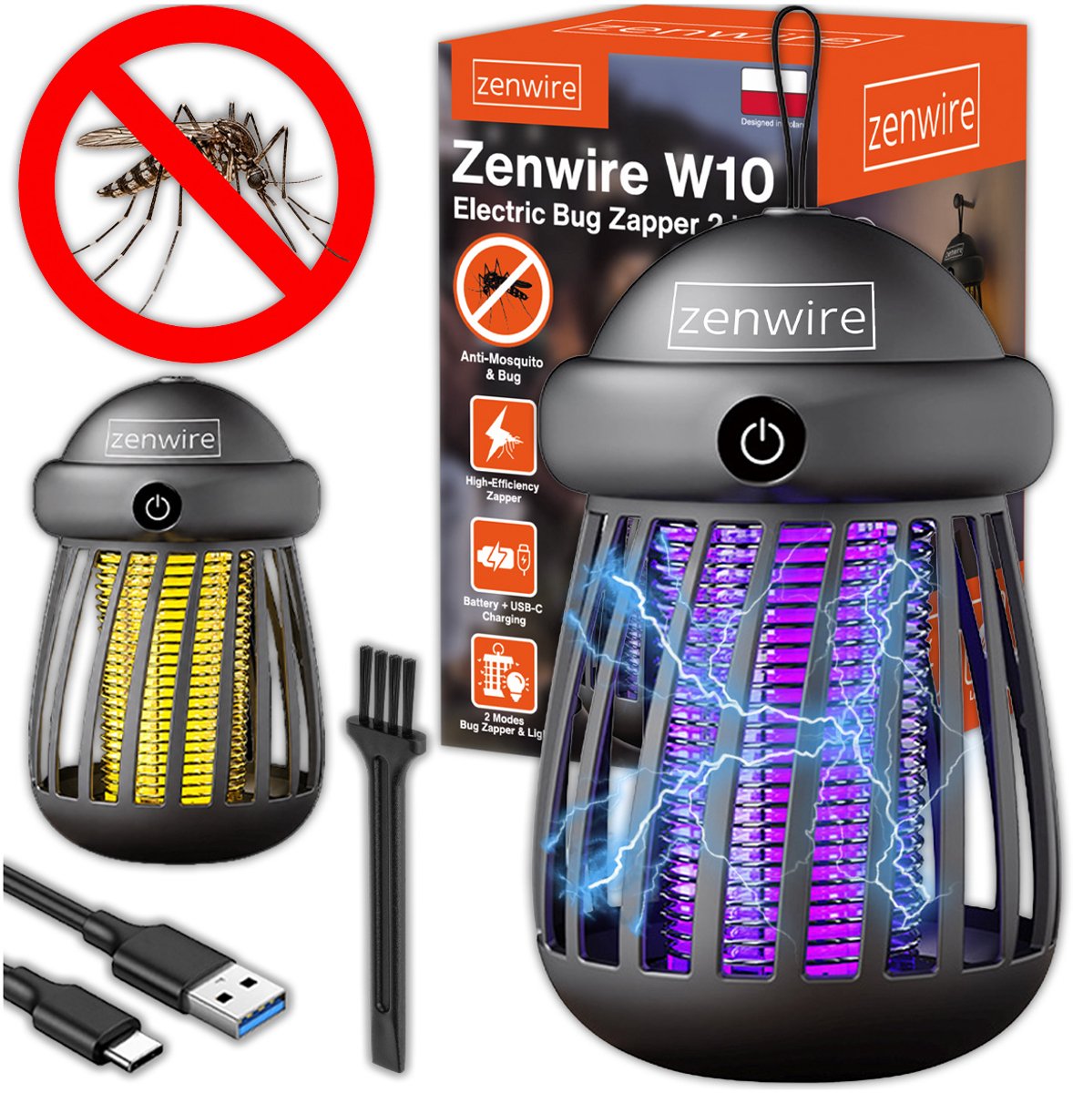 Zenwire W10 - UV-insectenverdelger - Tegen muggen, vliegen, insecten en motten - Op oplaadbare batterij - Voor buitengebruik - USB