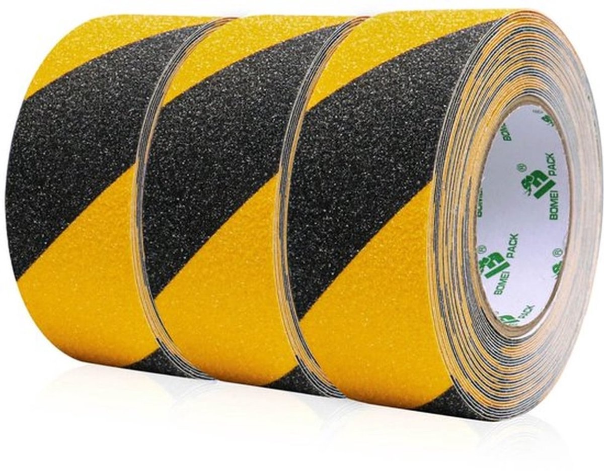 BOMEI PACK Anti-slip plakband, strip met zelfklevend, 3 rollen van 5 cm x 10 m, trapband, antislip, zwart-geel, hoge tractie pad voor binnen en buiten