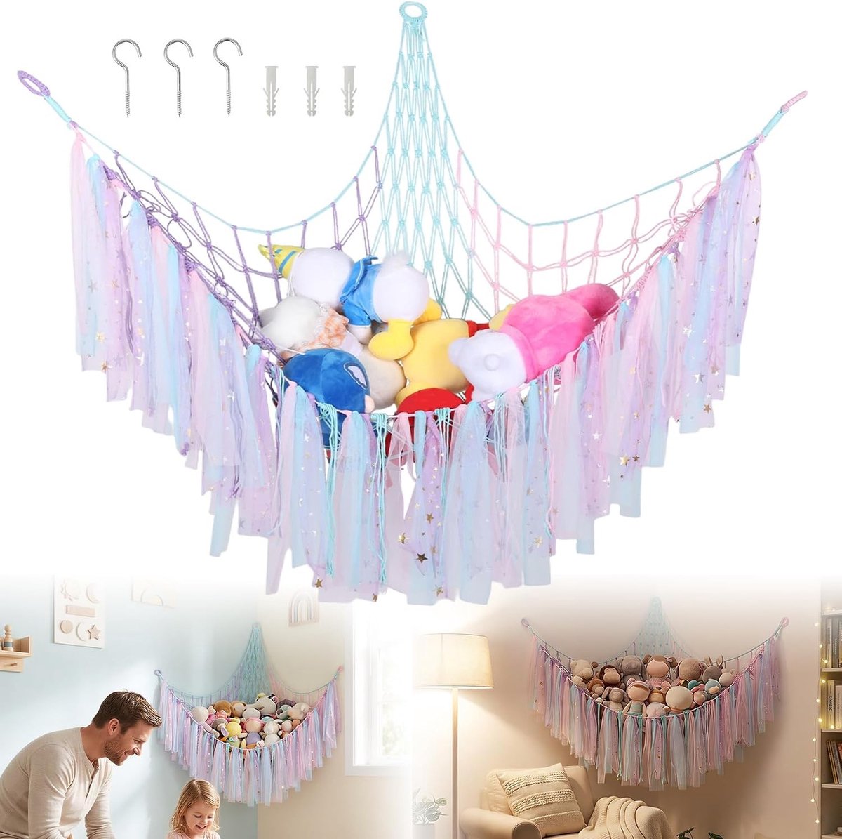 Hangmat voor knuffeldieren van macramé, boho-stijl, pluche opslagnet voor kinderkamer en speelruimte
