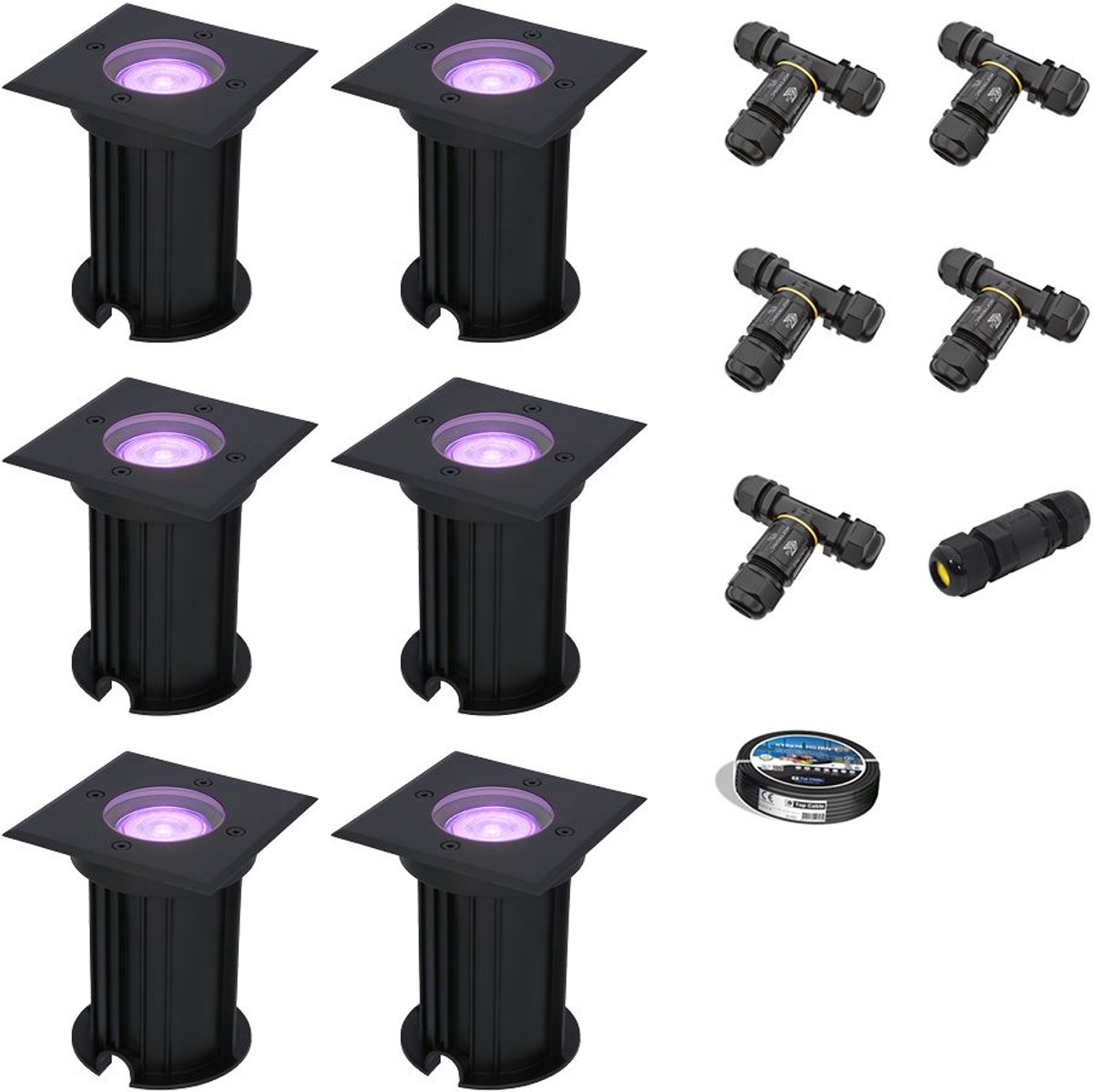 Set van 6 Ramsay Smart Grondspots buiten - Vierkant - 5,5W 400lm - RGBWW - Wifi + Bluetooth - Bestuurbaar via app - IP67 - Google Home - Amazon Alexa - Zwart - Inclusief installatiemateriaal (Kabel & connector)