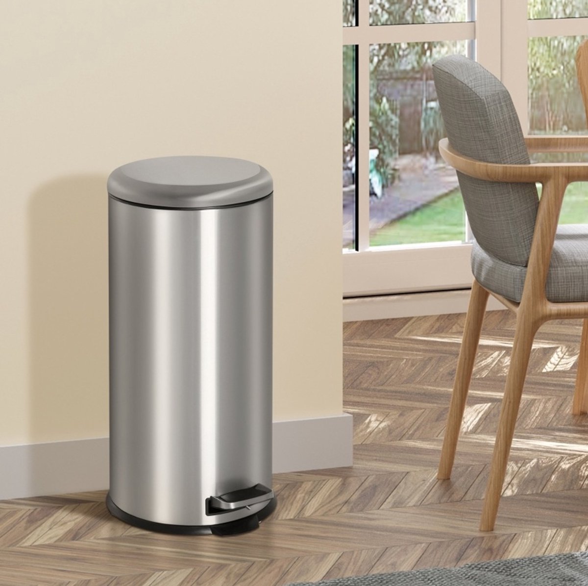 COVREO Prullenbak 30 liter zilver RVS, pedaal en klapdeksel, met binnenemmer