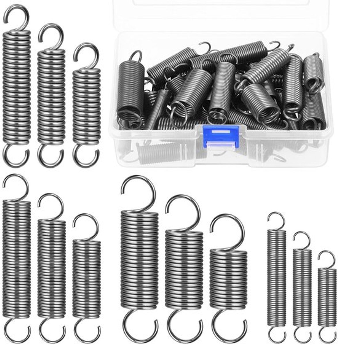 36 Stuks Rvs Uitbreidingsveren met Haak - 12 Maten Kleine Spanningveren voor Machinebouw en Industrie
