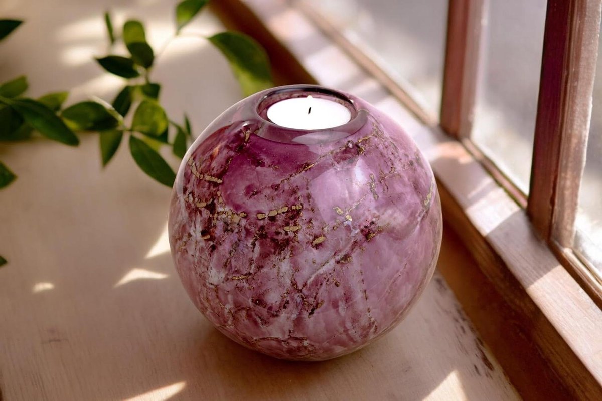 Mini Urn Waxinelichthouder - Kleine Urn Glas - Liefdevolle Herinnering - Mondgeblazen Glas - 14 cm - Paars Bladgoud