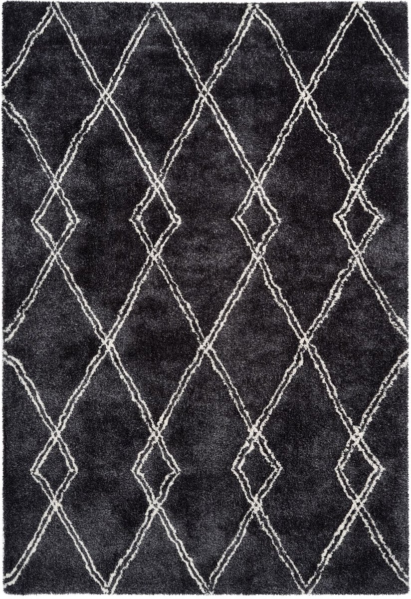Padiro hoogpolig vloerkleed 80 x 150 cm - antraciet - modern geometrisch patroon - geschikt voor vloerverwarming - van polyester