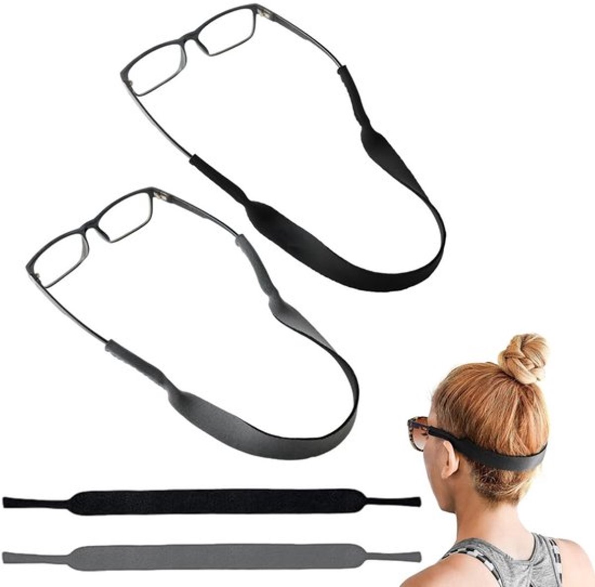 Brillenkoord Sport - Neopreen - Drijvend - 2-delige Set - Zwart/Grijs - Duurzaam en Comfortabel - Brillenband