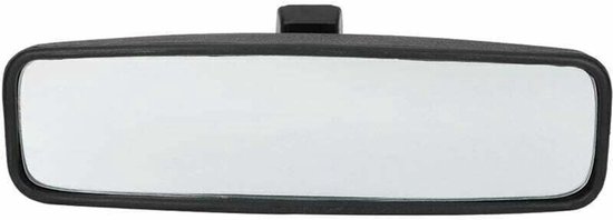 Zwarte binnenspiegel met een rechthoekig glas, bevestigd aan een zwarte houder.