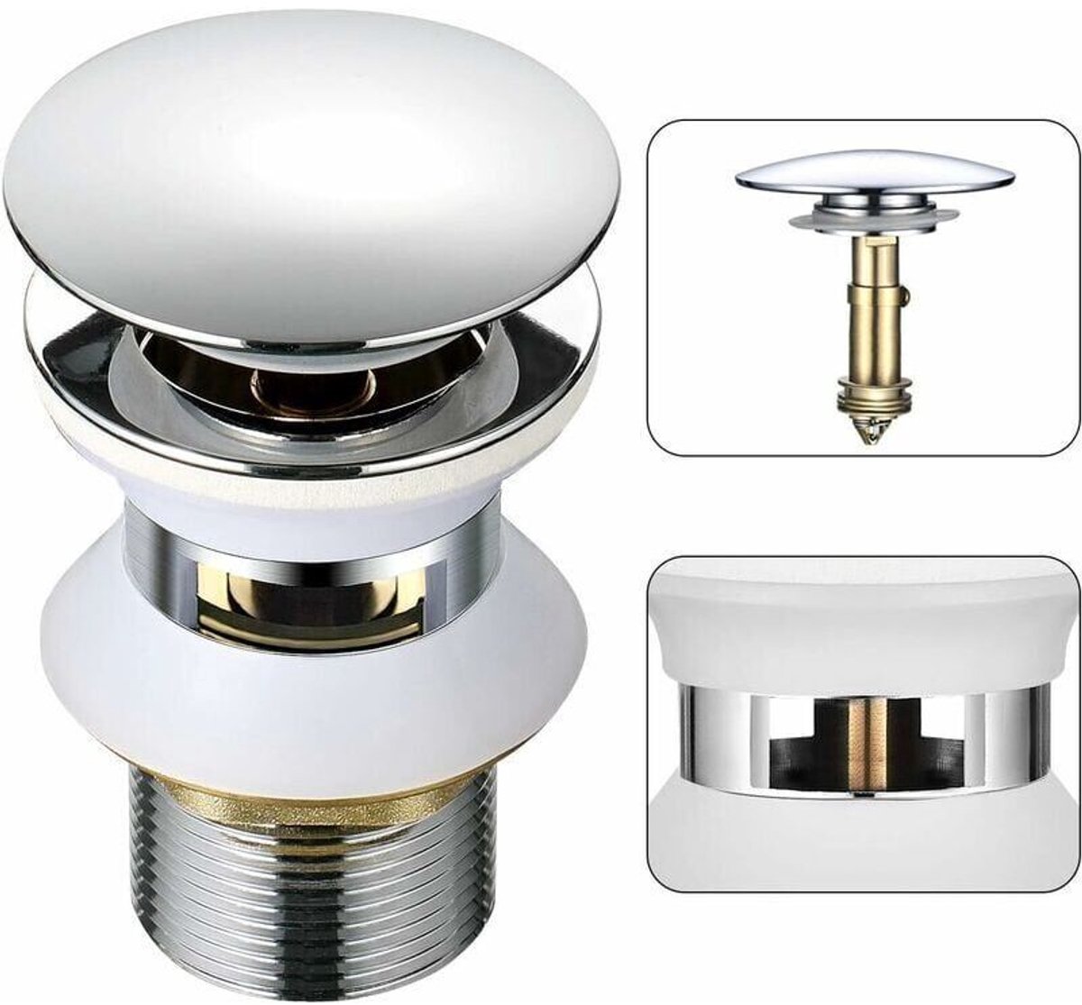 Universele wastafelafvoer met drukknop – Verchroomd messing – Automatische overloop – 3,2 cm (1-1/4 inch) – Eenvoudige installatie