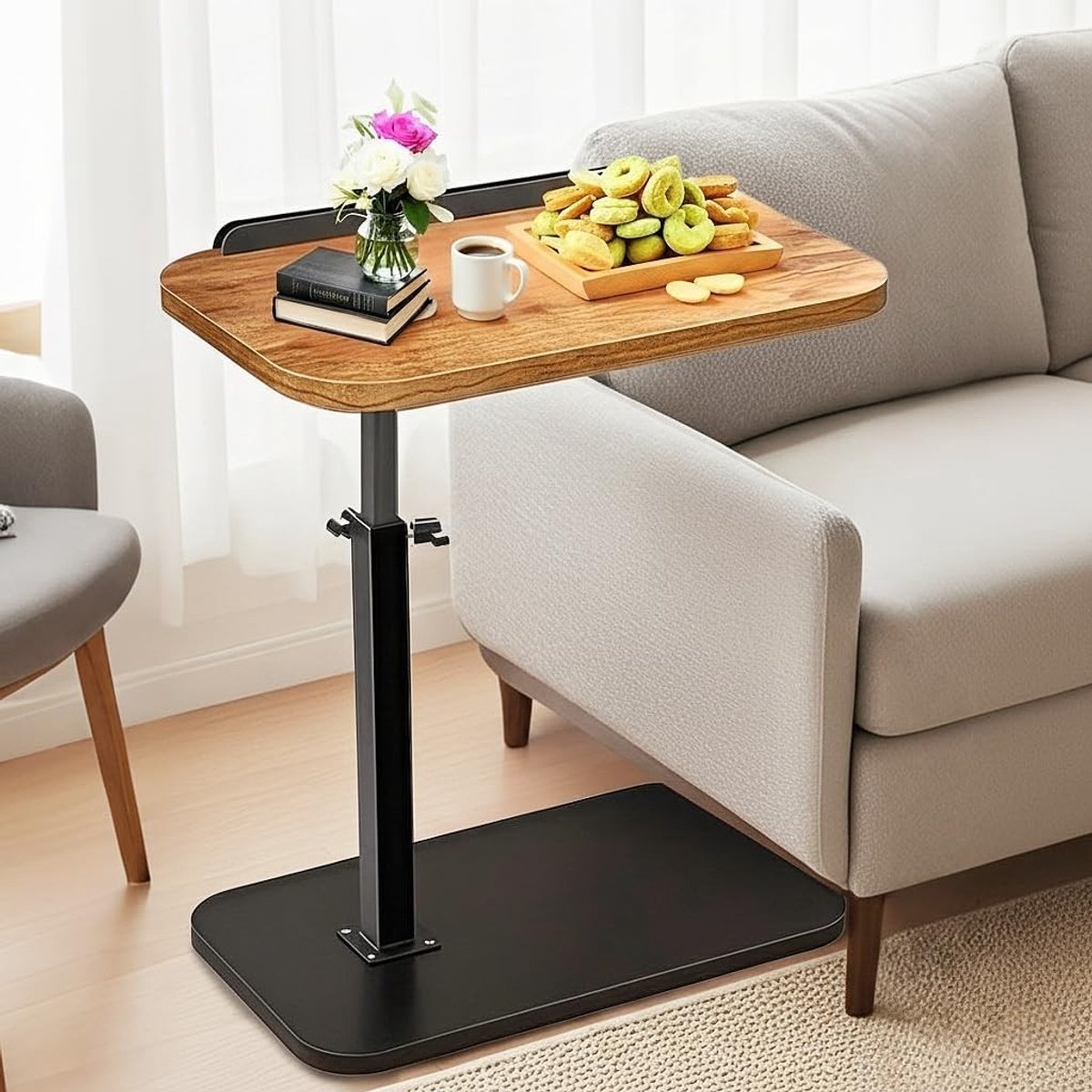 Laptoptafel - Rustiek Bruin - Verstelbare Hoogte 45-76 cm - C-vormige Bijzettafel voor Bank en Bed - Met 360° Draaibaar Tafelblad