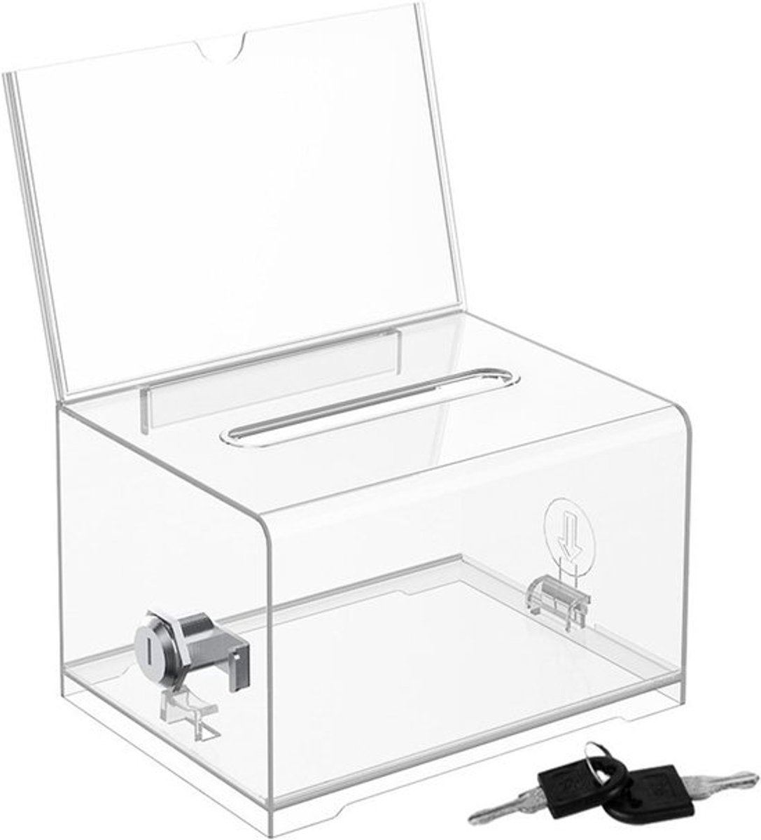 Donatiebox met sleutelslot - Transparante stembus - Acryl - Lichtgewicht - Duurzaam - Inclusief schildhouder 16