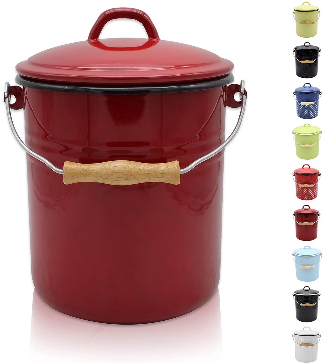 Compostemmer 5 liter - Rood - 5 Liter - Emaille Afvalemmer met Deksel en Houten Handvat - Voor Keuken en Huishouden