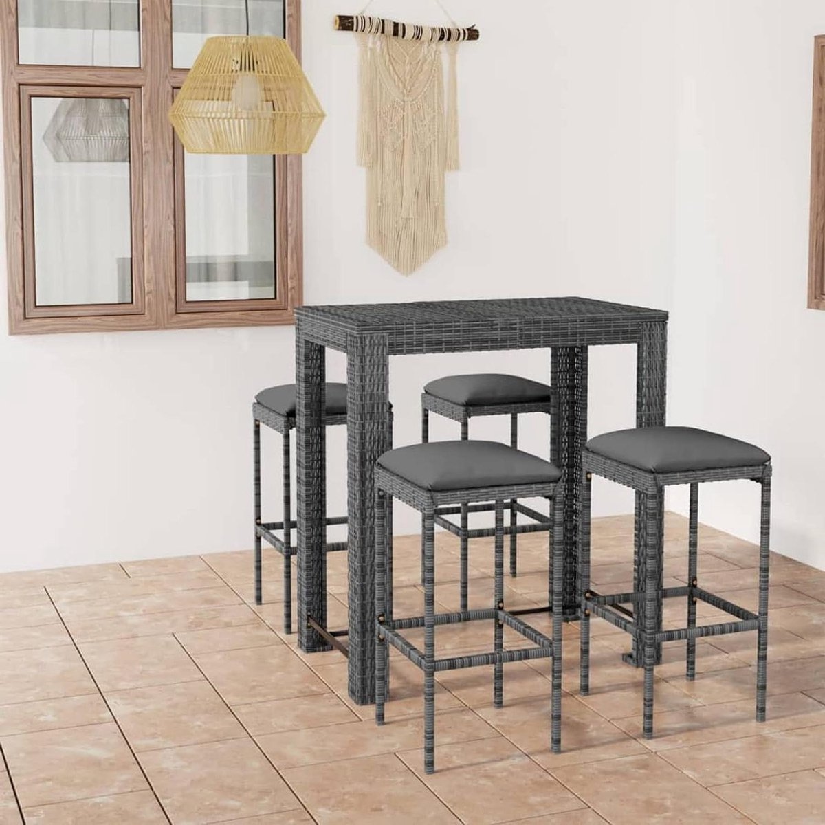 Barset 5-delig - Tuinmeubelset Krukken - Buiten dineren - Met kussens - 113 x 69 x 14 cm - Grijs