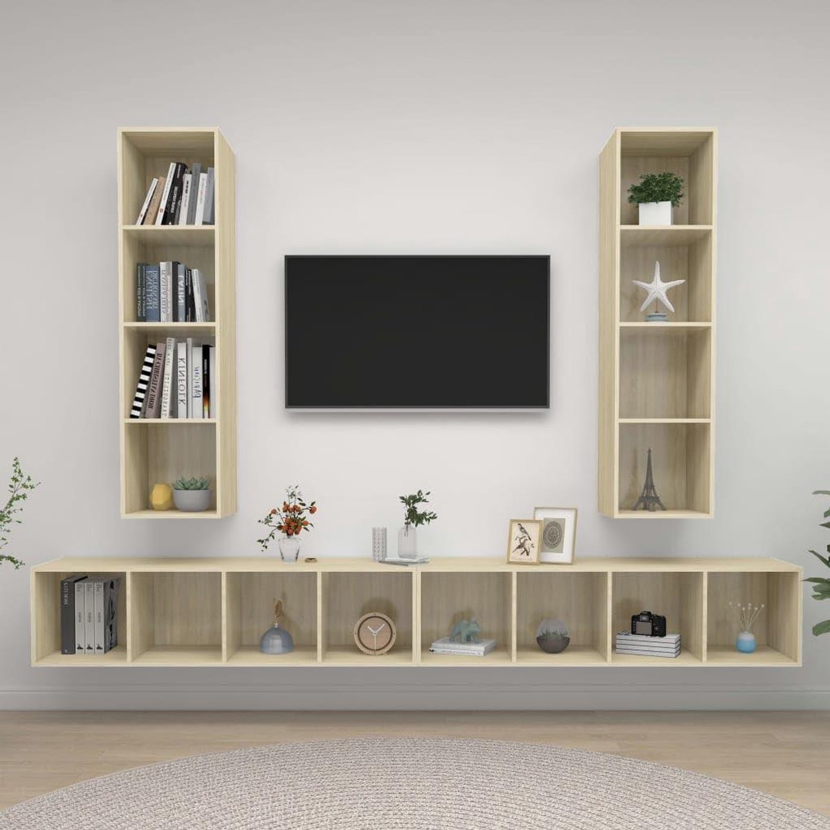 Tv-wandkast Set - Mediameubel Hifi Kast - Opgeruimd Wonen - Flexibele Wandmontage - 4 Vakken - Sonoma Eiken
