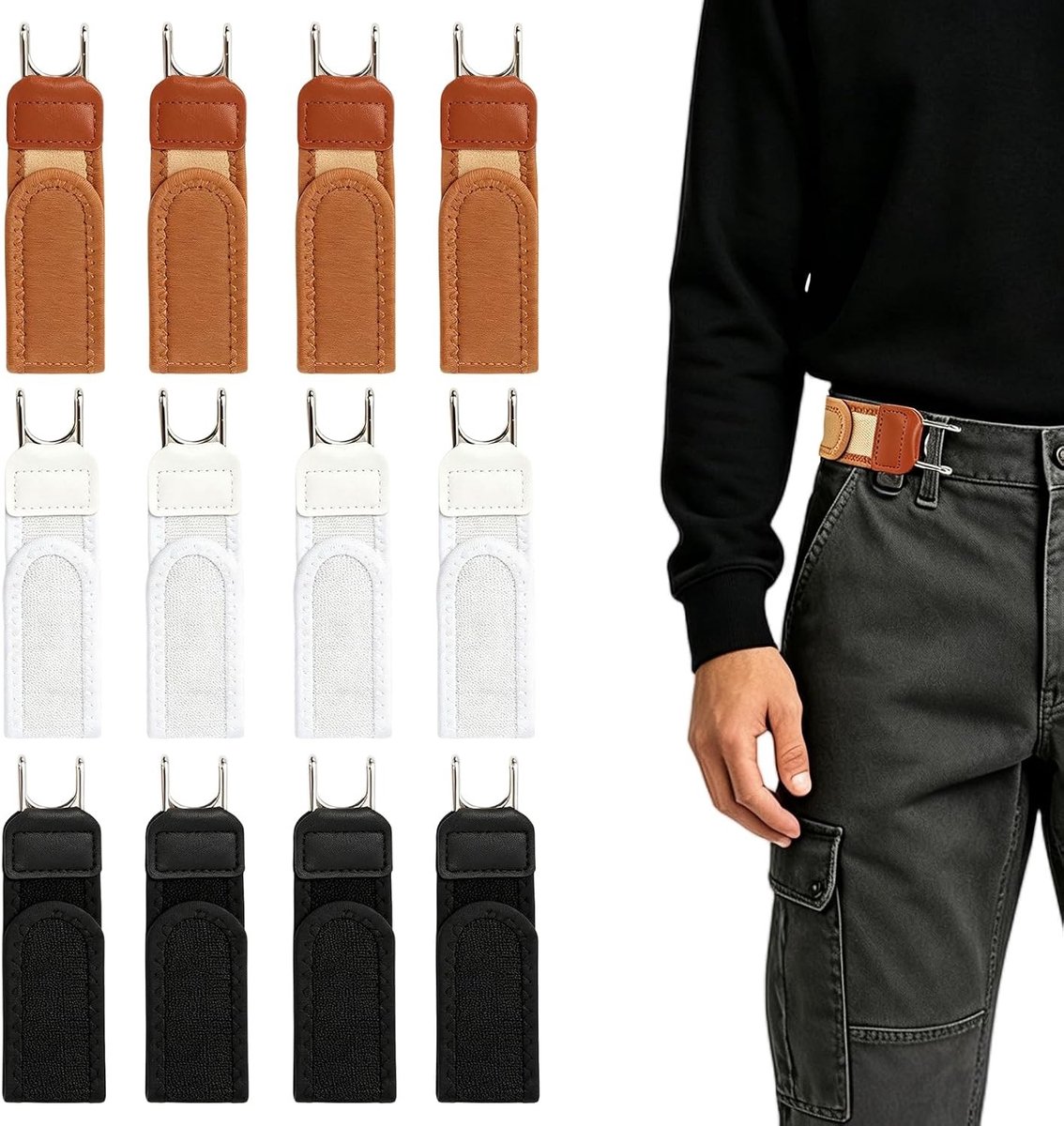 Riem zonder gesp, 12 stuks onzichtbare elastische metalen haak voor dames en heren, verstelbaar en comfortabel voor jeans en outdoorwerk