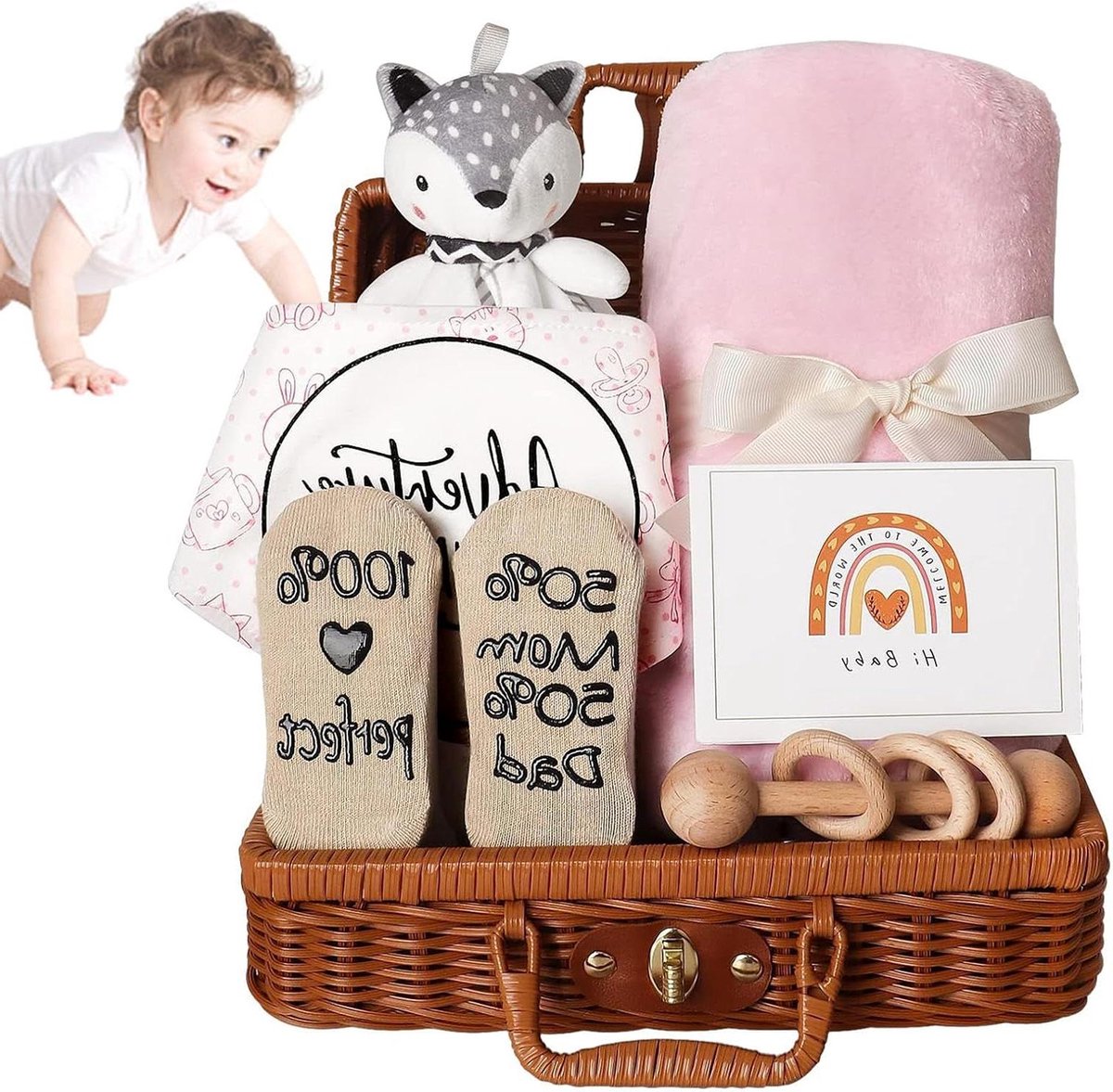 Baby Cadeauset - Baby Geschenkmand - Pasgeboren Verzorging - 7 Delig - 22 cm - Roze
