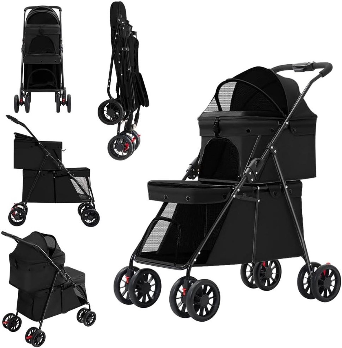 Huisdierwagen Dubbeldekker - Buggy voor dieren - Reizen met huisdieren - Opvouwbaar met rem