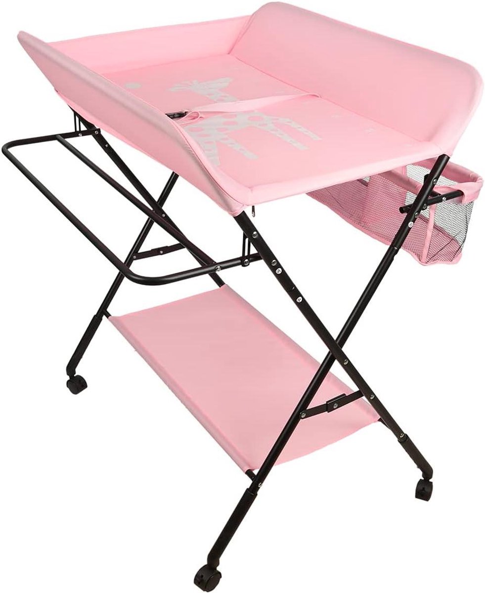 Klapbare Luiertafel - Commode Tafel Baby - Baby Verzorgen - Met Opbergmand - 80 x 66 x 98 cm - Donkerroze