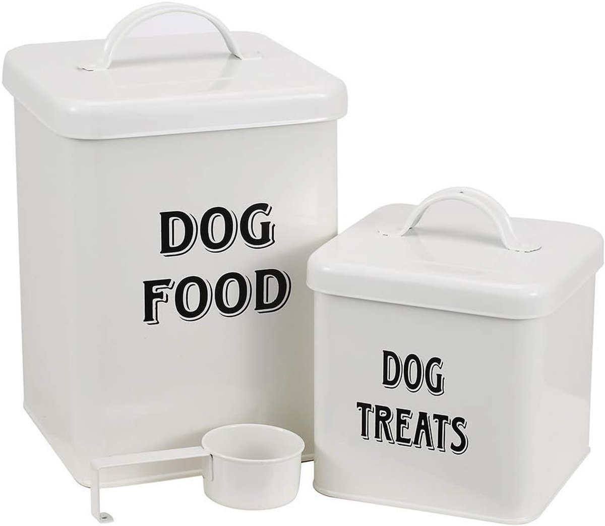 Hondenvoer en traktaties opbergset met schep - Vintage witte poedercoating - Stalen opslagcanisters met afsluitbare deksels - Compact en stijlvol voor huisdieren