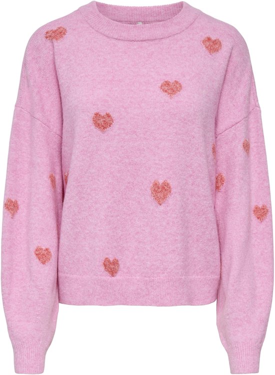 Roze trui met rode hartjesprint, lange mouwen en ronde hals.