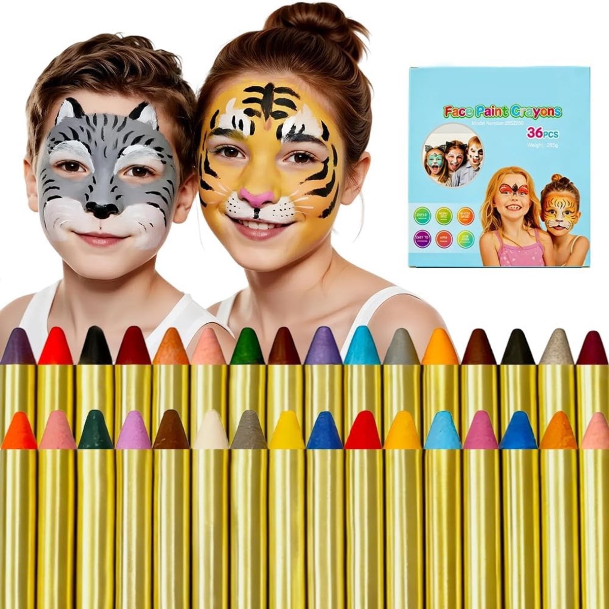 Make-up Pen voor Kinderen met 36 Kleuren, Gezichtsverf en 30 Sjablonen, Veilig en Wasbaar voor Carnaval, Verjaardagen en Feestdagen