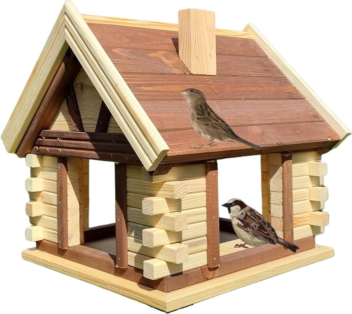 Houten Vogelhuis - Vogelhuisje Tuin - Vogels Voeren - Grote Openingen - 37 cm Hoog - Bruin Natuurlijk
