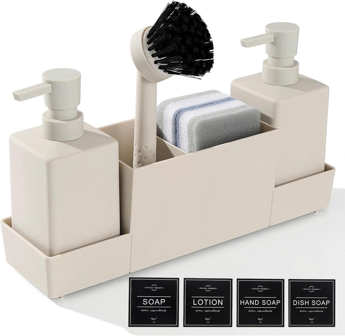 Set van Beige Afwaszeepdispenser met Spons en Borstel - 4 in 1 Organizer voor Keuken, Aanrecht en Afwasmiddel