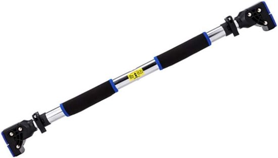 Zilveren en zwarte optrekstang met blauwe accenten, met schuimrubberen handvatten.