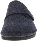 Voorkant van een donkerblauwe wollen pantoffel met klittenbandsluiting.