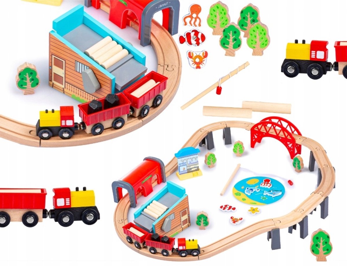 Houten Treinset met Houtzagerij, Brug & Vissen - 69 Delen
