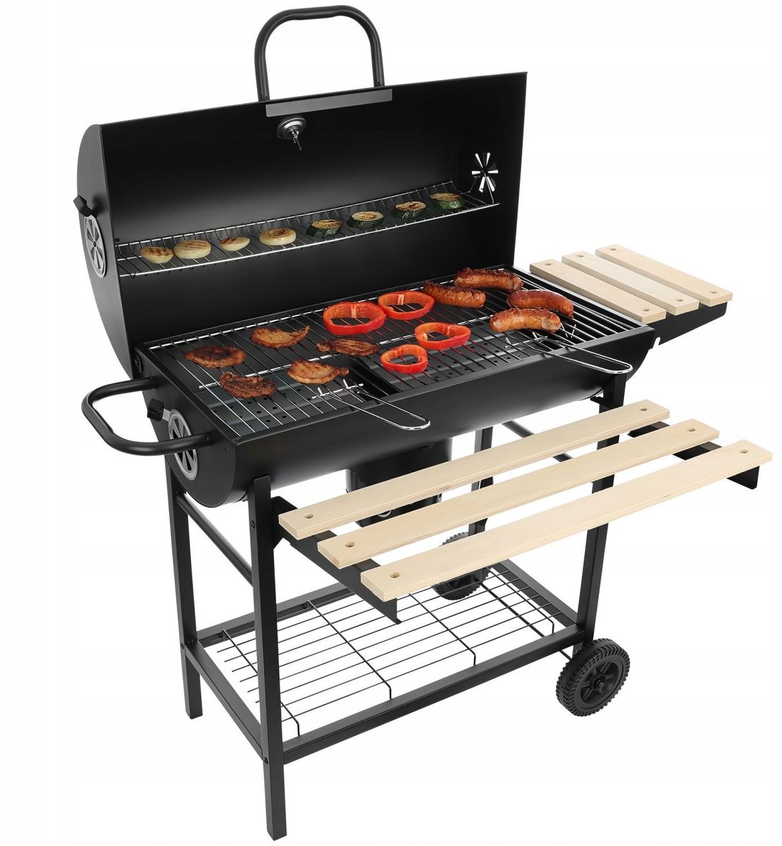 Grote afsluitbare kolenbarbecue met wielen, planken en vuurkorf