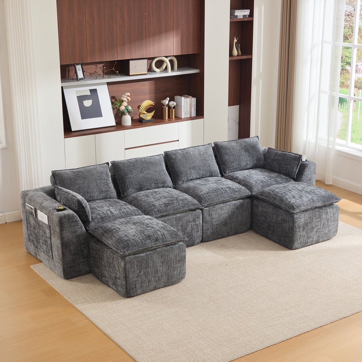 Wishdor Modulaire bank 4-zits - chenille - 2 voetenbanken - bekerhouders - zijvakken - donkergrijs - 322 cm